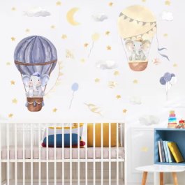 zväčšiť obrázok Detská samolepiaca dekorácia na stenu - Sloníci v lietacích balónoch